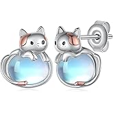 Cat Earrings 925 Sterling Silver Animal Moonstone Cat Stud Earrings for Women Cute Animal Earrings for Wife
