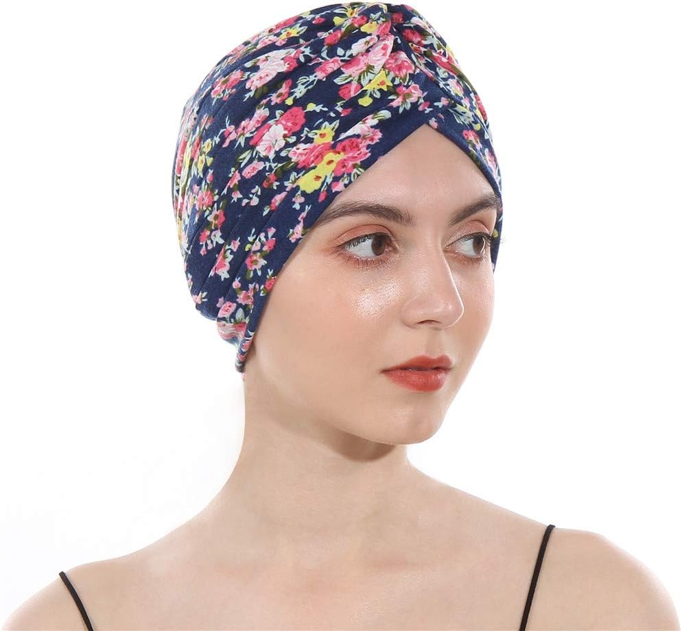 DuoZan Women’s Cotton Turban Elastic Beanie Printing Sleep Bonnet Chemo Cap Hair Loss Hat