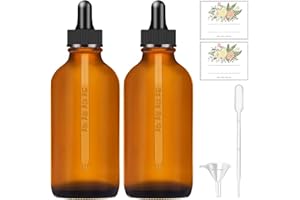 Qeirudu 4 oz Dropper Bottles -2 Pack Amber Tincture Bottles with Dropper, Funnel, Labels & Pipette Empty Glass Eye Dropper Bottles for Essential Oils, Perfum