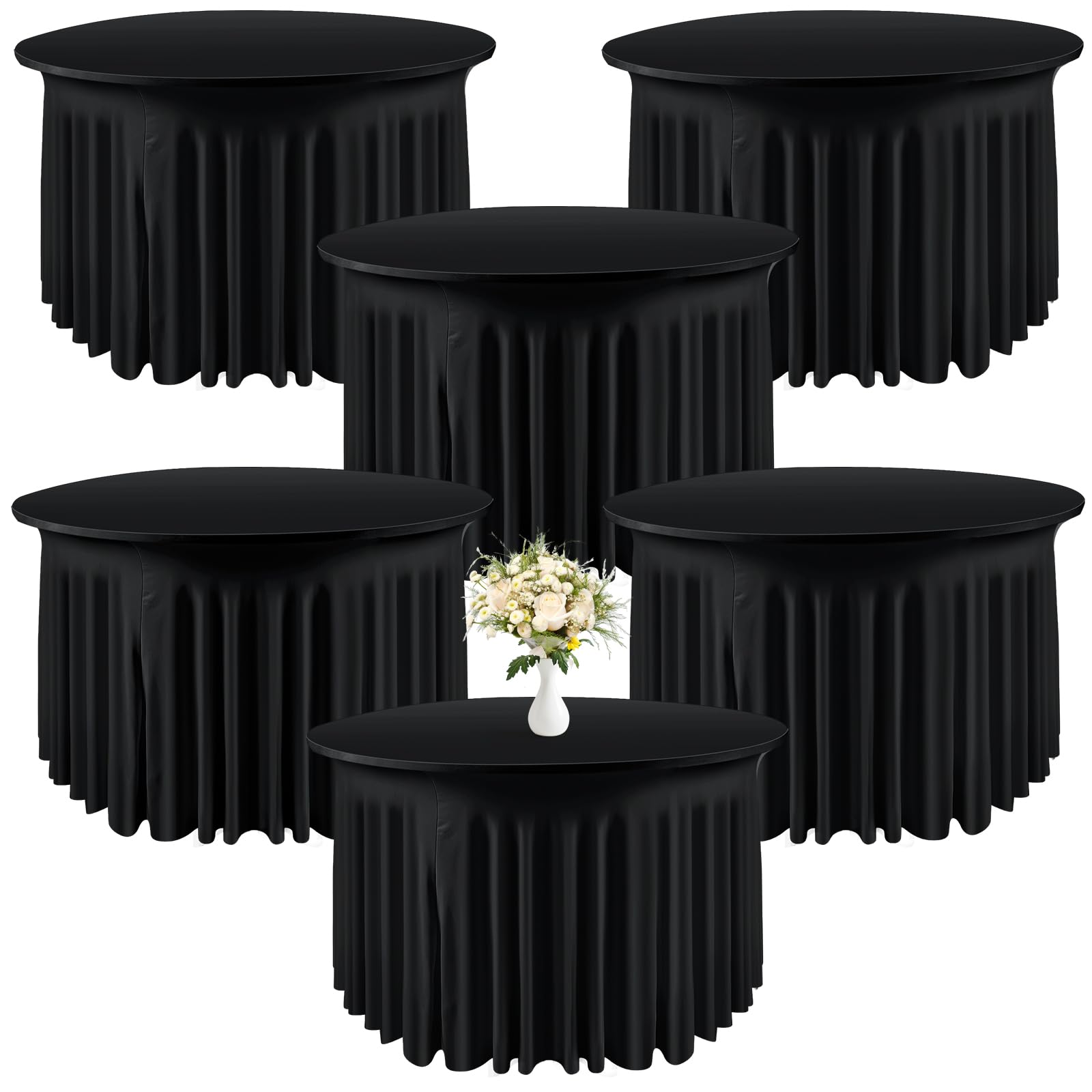 Photo 1 of Preboun 6 Pack 5 Ft/ 60 Inch Spandex Round Tablecloths Wrinkle Free Stretchy Round Table Clothes for Round Table Tablecloth with Skirt for Party Wedding Home Decoration Parties Banquet (Black)