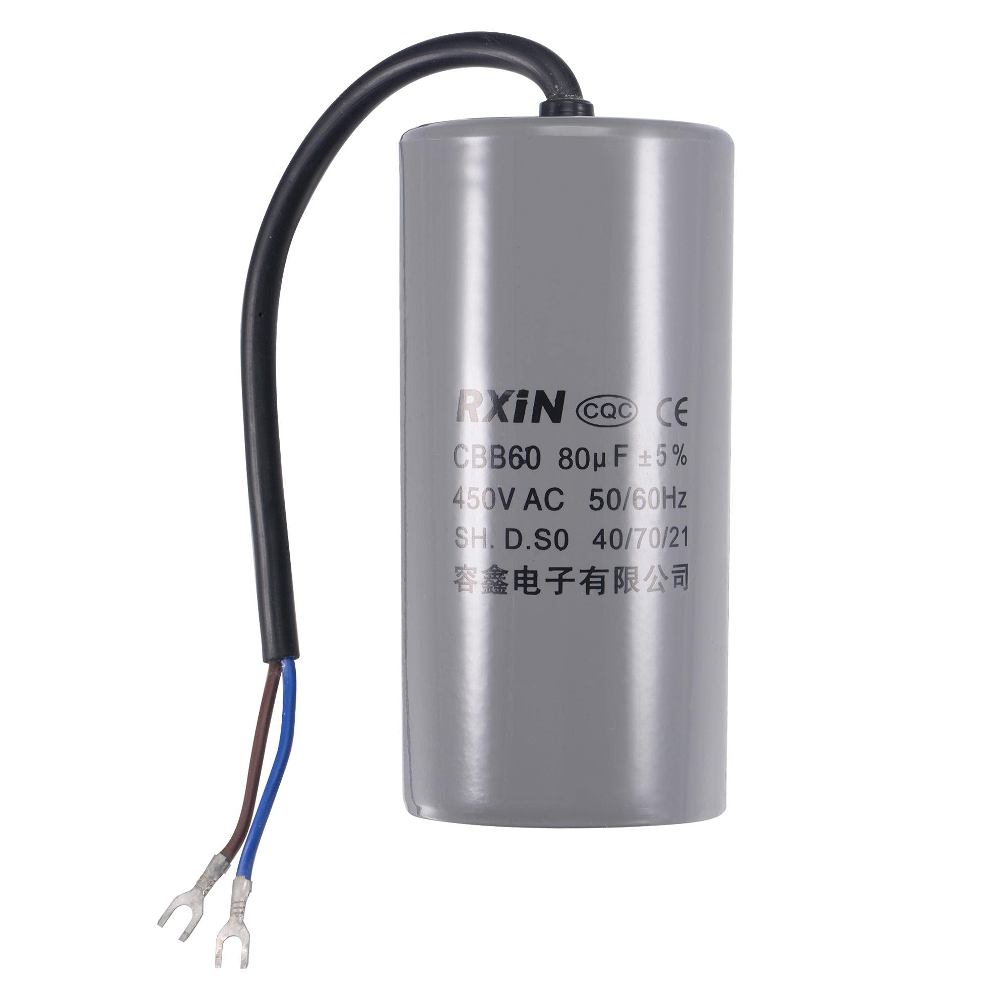 sourcing map CBB60 Run Capacitor 80uF 450V AC 2 Wires 50/60Hz Cylinder 123x60mm with Terminal for Air Compressor Water Pump Motor
