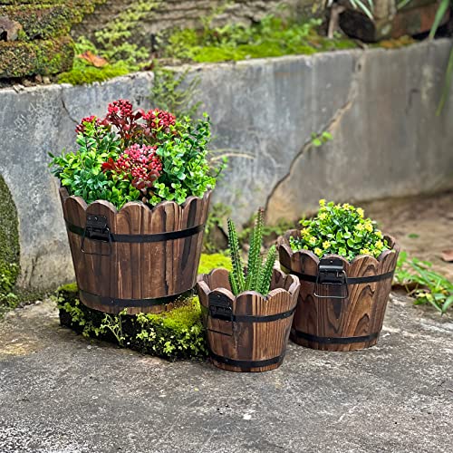 Wooden Bucket Barrel Planters, Rustic Patio Planters Flower Pots for