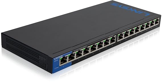 Linksys LGS116-EU 16-Port Unmanaged Gigabit Netzwerk Switch (Lüfterlos, Auto Sensing, Energiesparfunktion) schwarz
