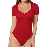 MANGOPOP Sweetheart V Neck Bodysuits for Women Long Short Sleeve Body Suits Tops Shirt