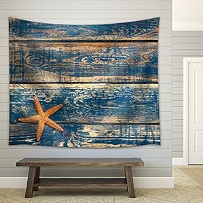 Wooden Background with Starfish - Fabric Wall Tapestry Home Decor - 51x60 inches