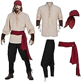 Teyujosem Men's Pirate Costume Set 4 PCS Medieval Renaissance Shirt Viking Ankle Banded Pants Halloween Costume