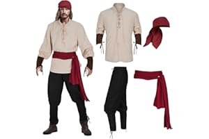 Teyujosem Men's Pirate Costume Set 4 PCS Medieval Renaissance Shirt Viking Ankle Banded Pants Halloween Costume