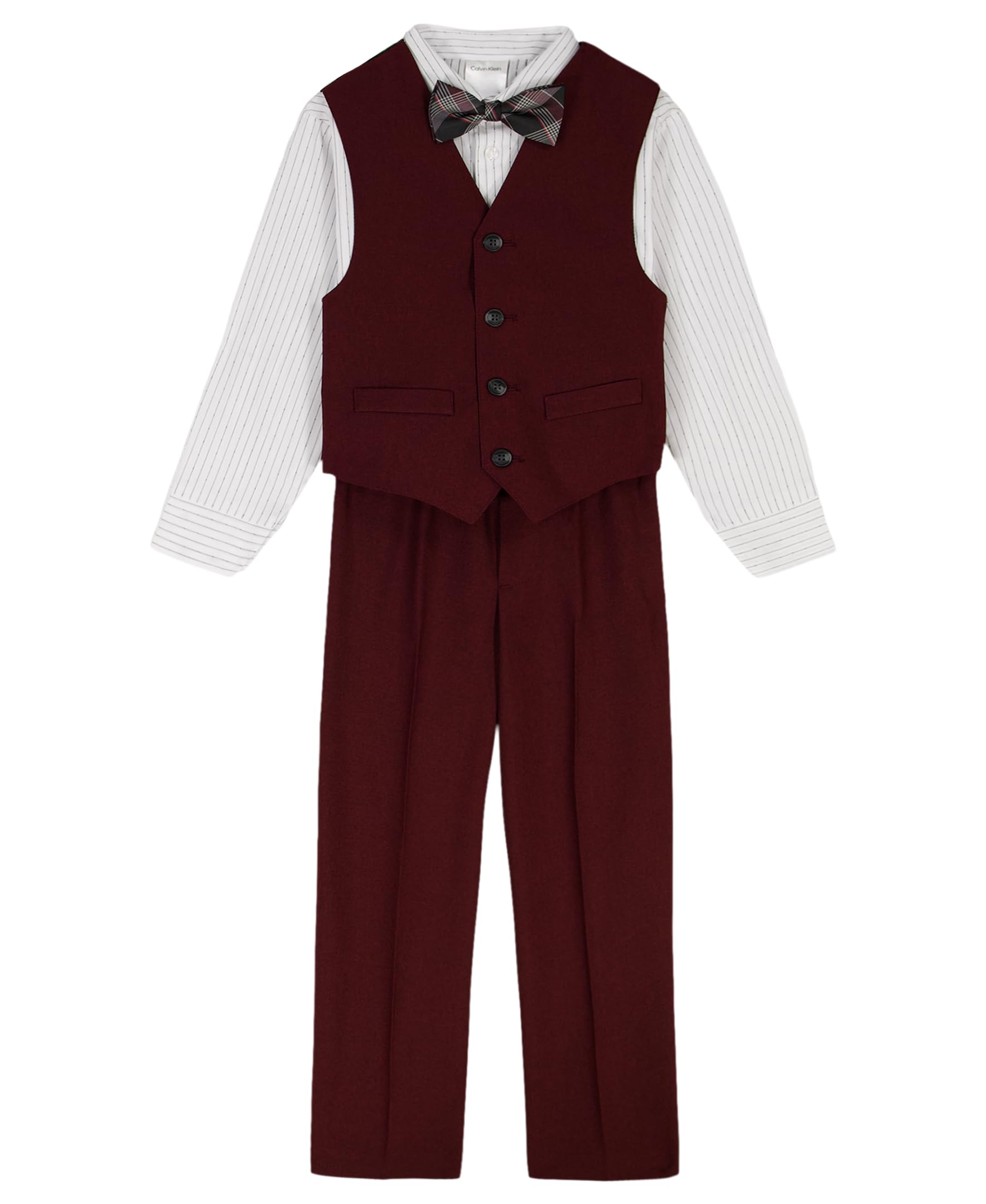 Calvin Klein 4-Piece Formal Dress Up Suit Vest Set, Vest, Pants, Collared Dress Shirt, and Tie, Heirloom Red, 3T Image