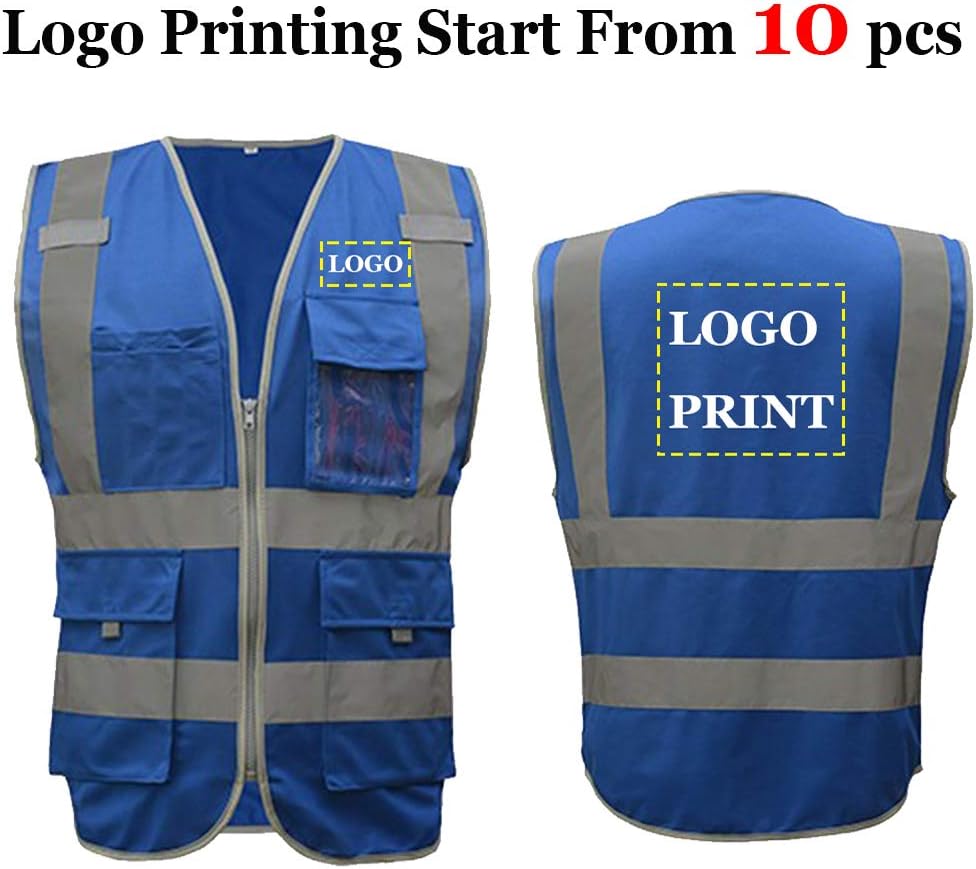 Blue Safety Vest With Custom Logo Printing High Visibility Working Uniform With Pockets and Zipper For Men (XXL, Blue)