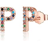 Memorjew Initial Stud Earrings for Women, Hypoallergenic 925 Sterling Silver Post Rainbow Cubic Zirconia 14K-Gold-Plated 26 Initial Earrings for Women Jewelry Gifts