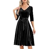 Bbonlinedress Women Long Sleeve Velvet Vintage Tea Dress Formal Cocktail Wedding Guest Midi Prom V-Neck Fit and Flare Dress