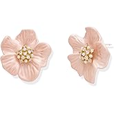 Sonateomber Chunky Flower Pearl Stud Earrings for Women, Large Statement 14K Gold Plated Floral CZ Rhinestone Textured Earings Prom Wedding Accessories Fashion Jewelry Gift