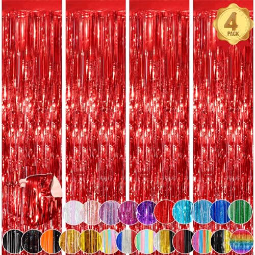 Red Fringe Curtain Party Streamers 4Pack 3.3 x 8.3 Ft Foil Fringe Backdrop Curtains for Birthday Wedding Bridal Baby Shower Holiday Tinsel Streamers Black Party Decorations Door Streamers