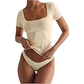 WDIRARA Women's Square Neck Short Sleeve T Shirt Fitted Tee Basic Tops