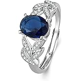 Caviquen Oval Created Blue Sapphire Rings for Women, Fashion Gemstone Jewelry Adjustable Size