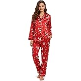 Chicingyou Christmas Women Satin Silk Pajamas Long Sleeve Sleepwear 2 Piece Button Up Pjs Set Xams Soft Loungewear