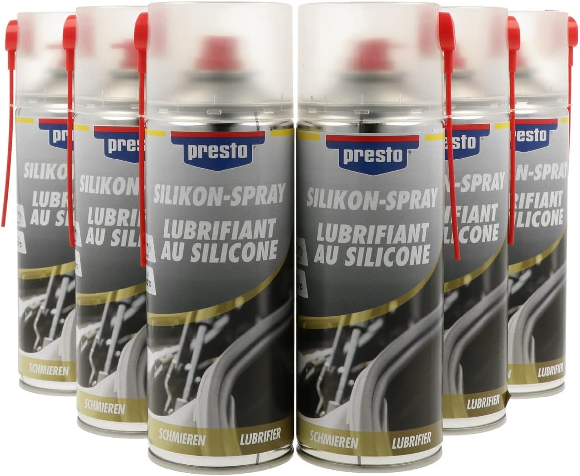presto Silikonspray Set, 6 x 400 ml, Antistatisch, Schutz gegen Witterung, Wasserverdrängend, Ideal für Gummiteile, Effektives Schmiermittel