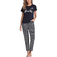 ♡YUYU♡ YIJIU Women's Cute Cartoon Cat Sleepwear Short Sleeve Top and