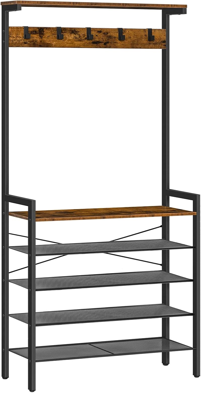 HOOBRO Coat Stand with Shoe Storage Industrial Hall Tree 5 Hooks Rustic Brown