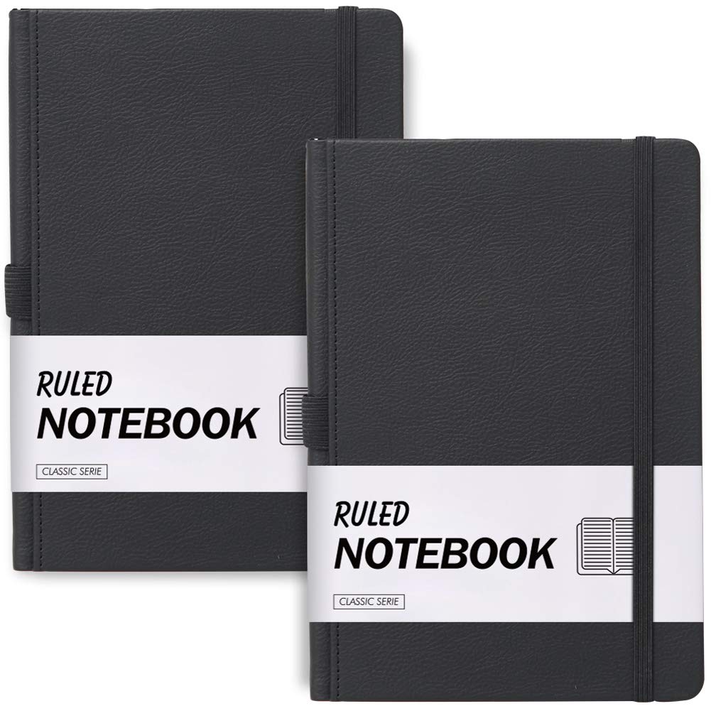 2-Pack Pocket Notebook 3.5" x 5.5", Small Notebook Hardcover Mini Journal with Pen Holder, Premium 120Gsm Thick Paper, Elastic Closure,Inner Pocket(Ruled,Black)