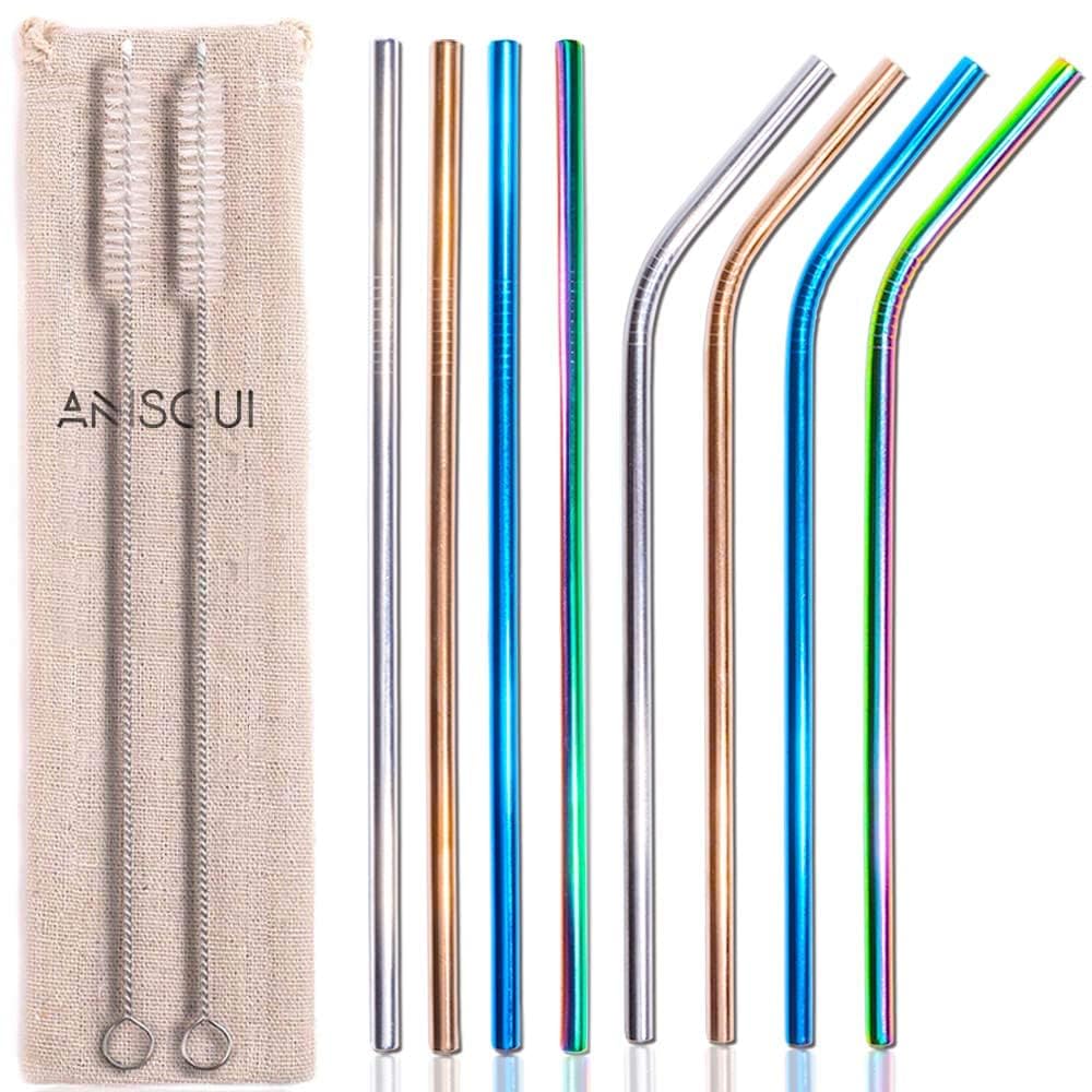 AniSqui Set of 8 Metal Straws and Cleaner Brushes, 21.5cm Length with 6.5mm Diameter Coloured Stainless Steel Straws Drinking Reusable (4 Straight + 4 Bent), with Cottonstorage Bag Perfect for Travel