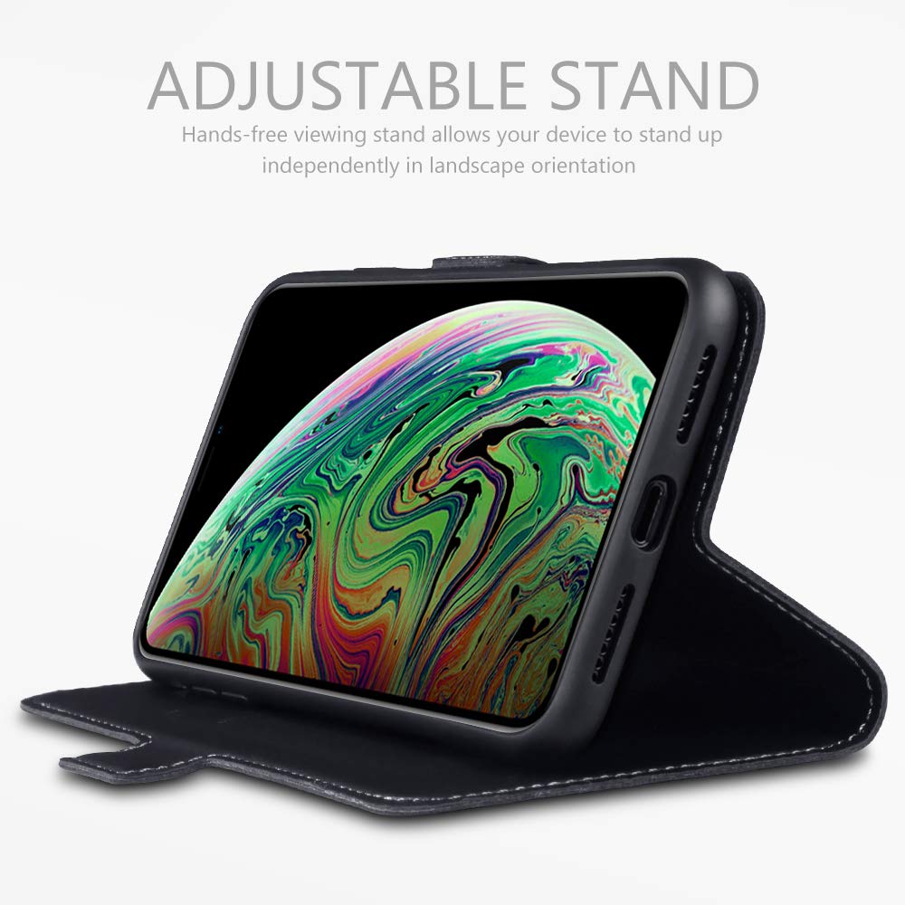 TERRAPIN iPhone XS Max Case iPhone XS Max GENUINE LEATHER Low Profile Wallet Case - Slim Fit - Viewing Stand - Card Slots - Black