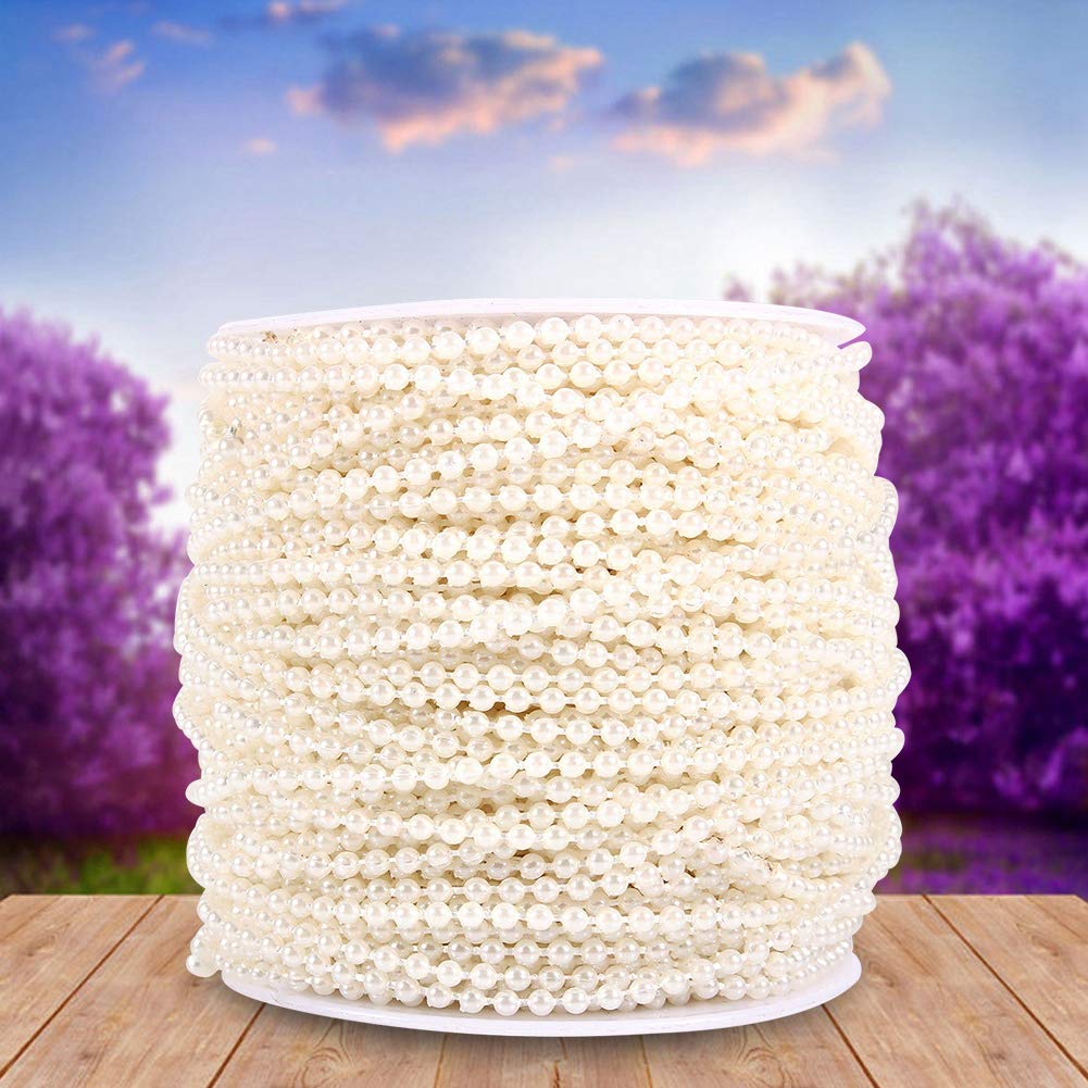 Chain Garland Flowers Wedding Decoration DIY Craft ABS Round Pearl Bead Trim Spool Chain Sewing Trims Wedding Bags Cake Decoration Chain Pearl Trim Garland Strands String Faux Crystal Bead (Beige)