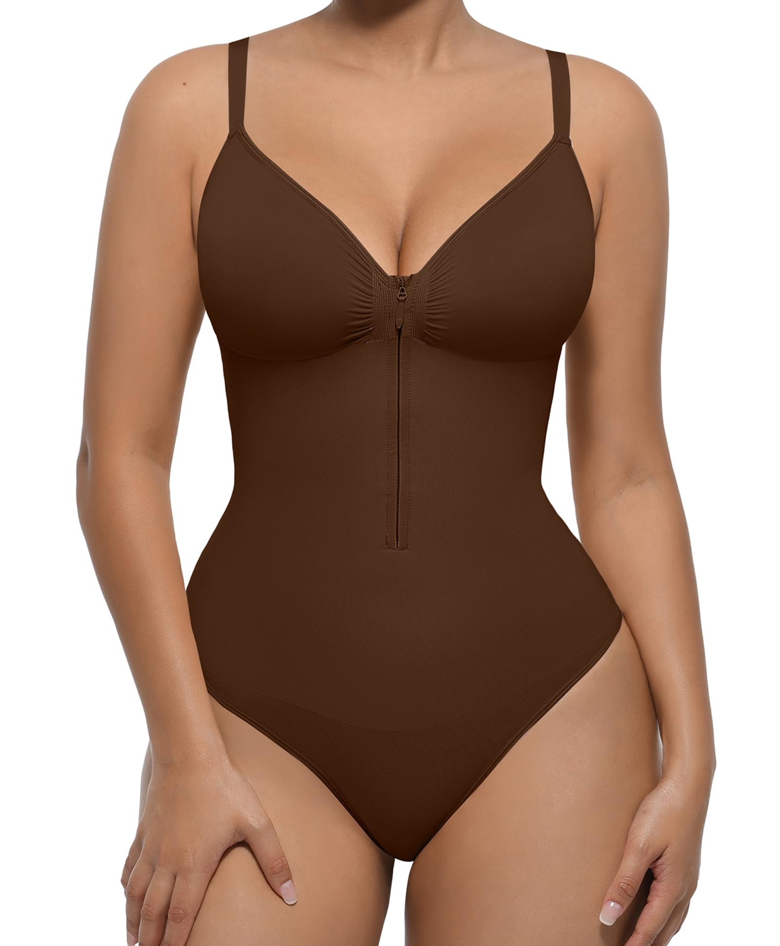 View 1 of FeelinGirl Shapewear for Women Tummy Control Seamless Zip Front Bodysuits Thong V Neck Body Suit Body Shaper