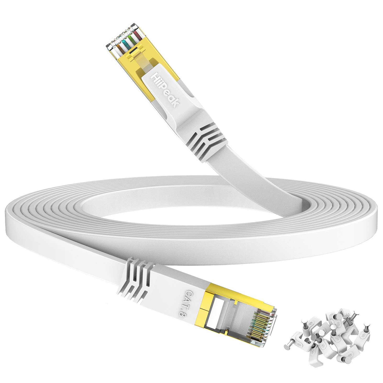 HiiPeak Cat 8 Netzwerkkabel 40 Gbits - 5meter - Weiße Flache Ausgabe - LAN Kabel Patchkabel RJ45 - CAT8 Gigabit Ethernet Kabel - 2000 MHz - Fur PS5/4, Xbox, TV, Switch, PC