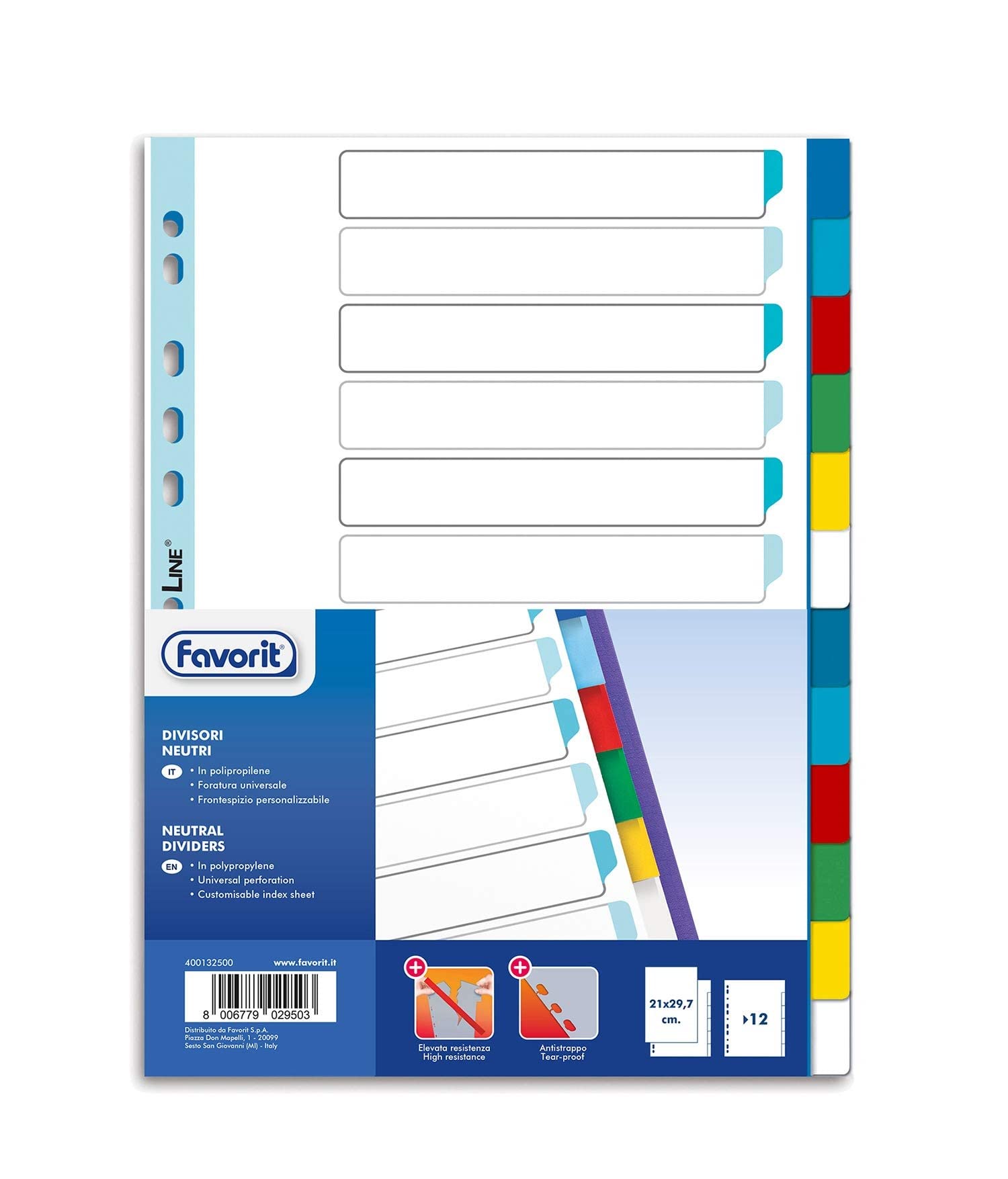 Favorit Universal Hole Dividers for Ring Binders with 12 Coloured Neutral Notes, Polypropylene (Non-Toxic Plastic) Formato Interno A4