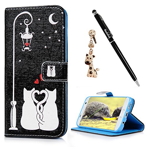 S7 Edge Case,Samsung Galaxy S7 Edge Case - Badalink Premium Wallet Folio Magnetic Flip Cover Print PU Leather Kickstand Card Holders Soft TPU Inner Case & Dust Plug & Stylus - Cat with Heart