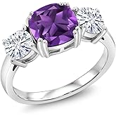 Gem Stone King 3.10 Cttw Amethyst and Moissanite 3 Stone Engagement Ring For Women | 925 Sterling Silver | Cushion 8MM | 3 Stone Wedding Engagement Anniversary Promise Ring For Women