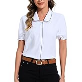 YOUNIFIZ Women's Peter Pan Collar Blouse Crochet Trim 2025 Vintage Work Puff Short Sleeve Button Down Shirt