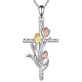 JBAERD Flower Cross Necklace Sterling Silver Tulip Cross Pendant Flower Jewelry Gifts for Women