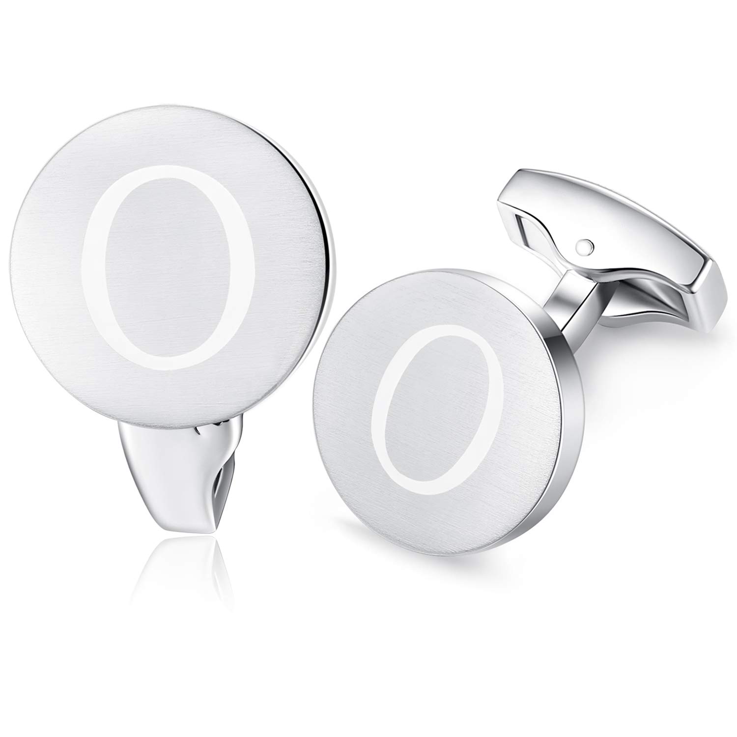 HONEY BEAR Initial Alphabet Letter Cufflinks for Men, Brushed Silver Round Shape Stainless Steel Wedding Business Cufflinks, A - Z (O)