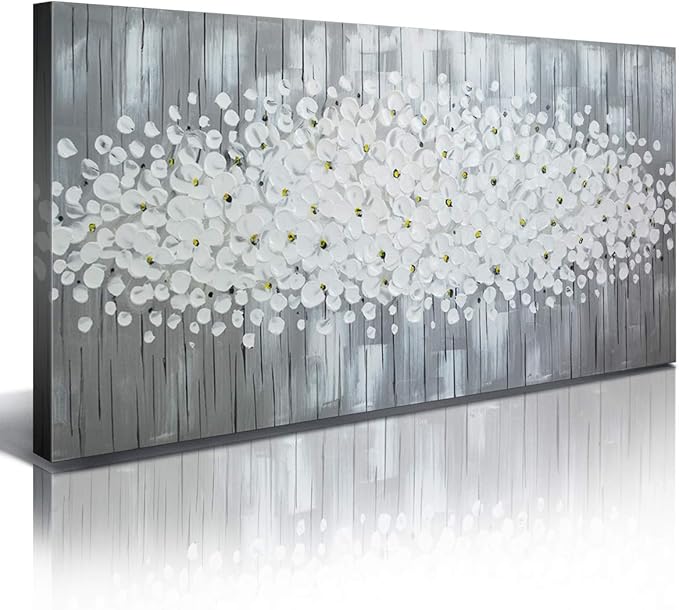 3D Pure Gray White Flower Oil Painting 100 Hand Painted Framed Canvas