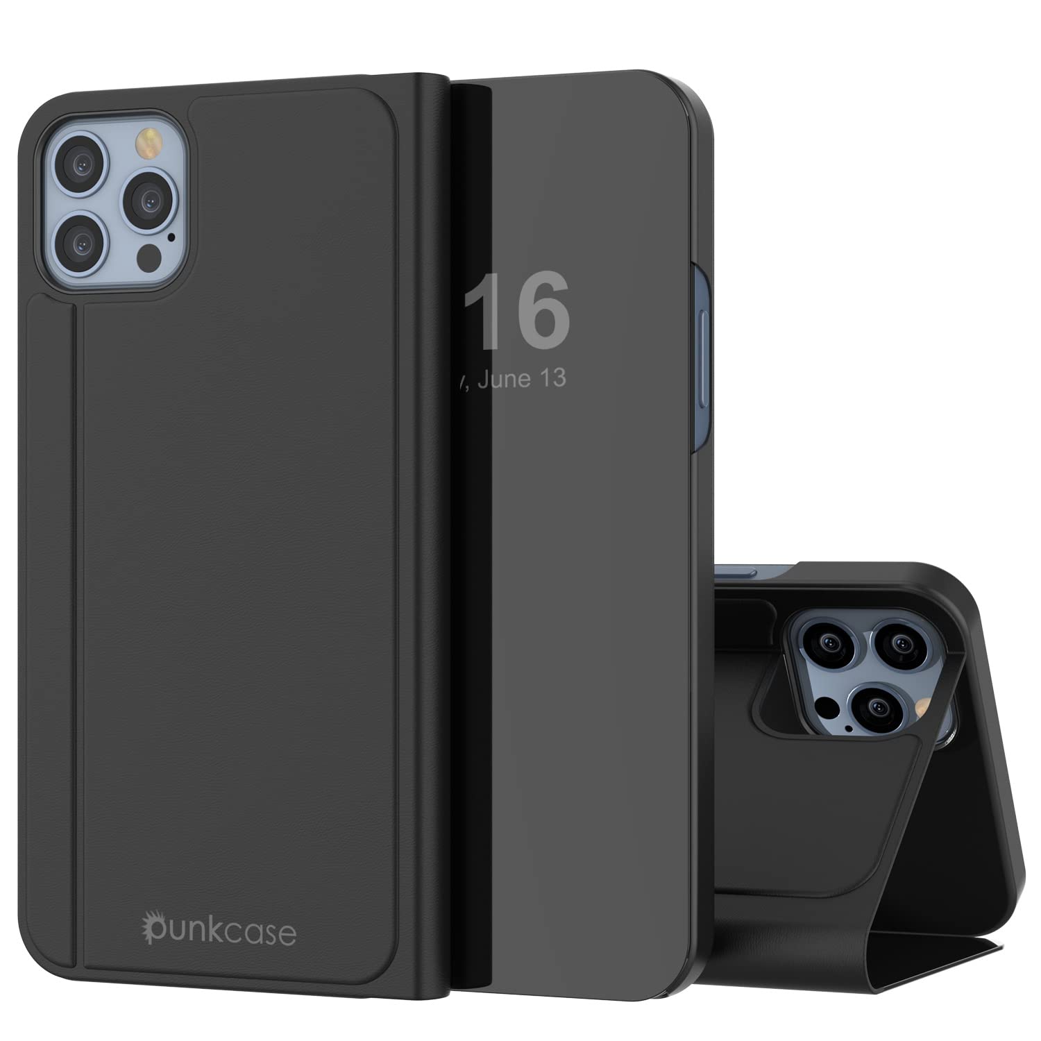 Punkcase for iPhone 13 Pro Max Reflector Case Protective Flip Cover W/Scratch Resistant Semi-Translucent Mirror Front & Non-Slip PU Leather Back for iPhone 13 Pro Max (6.7") (2021) (Black)