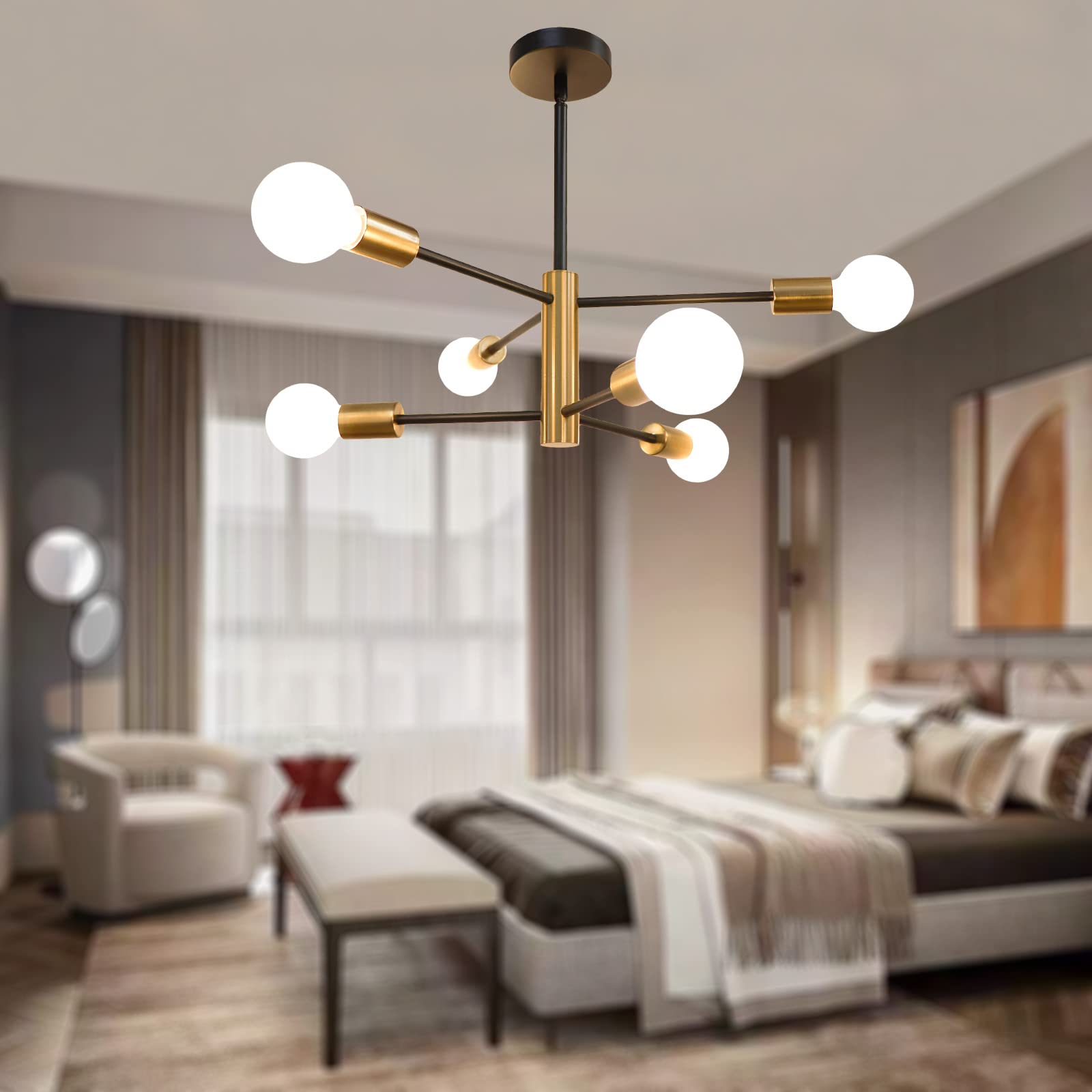 Hudi Fyier Modern Sputnik Chandelier, 6-Light Pendant Lighting Fixture for Living Room Bedroom Dining Room Kitchen Office