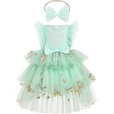OBEEII Toddler Baby Flower Girl Dress Floral Embroidery Tiered Tulle Tutu Dress with Headband Princess Birthday Party Dress