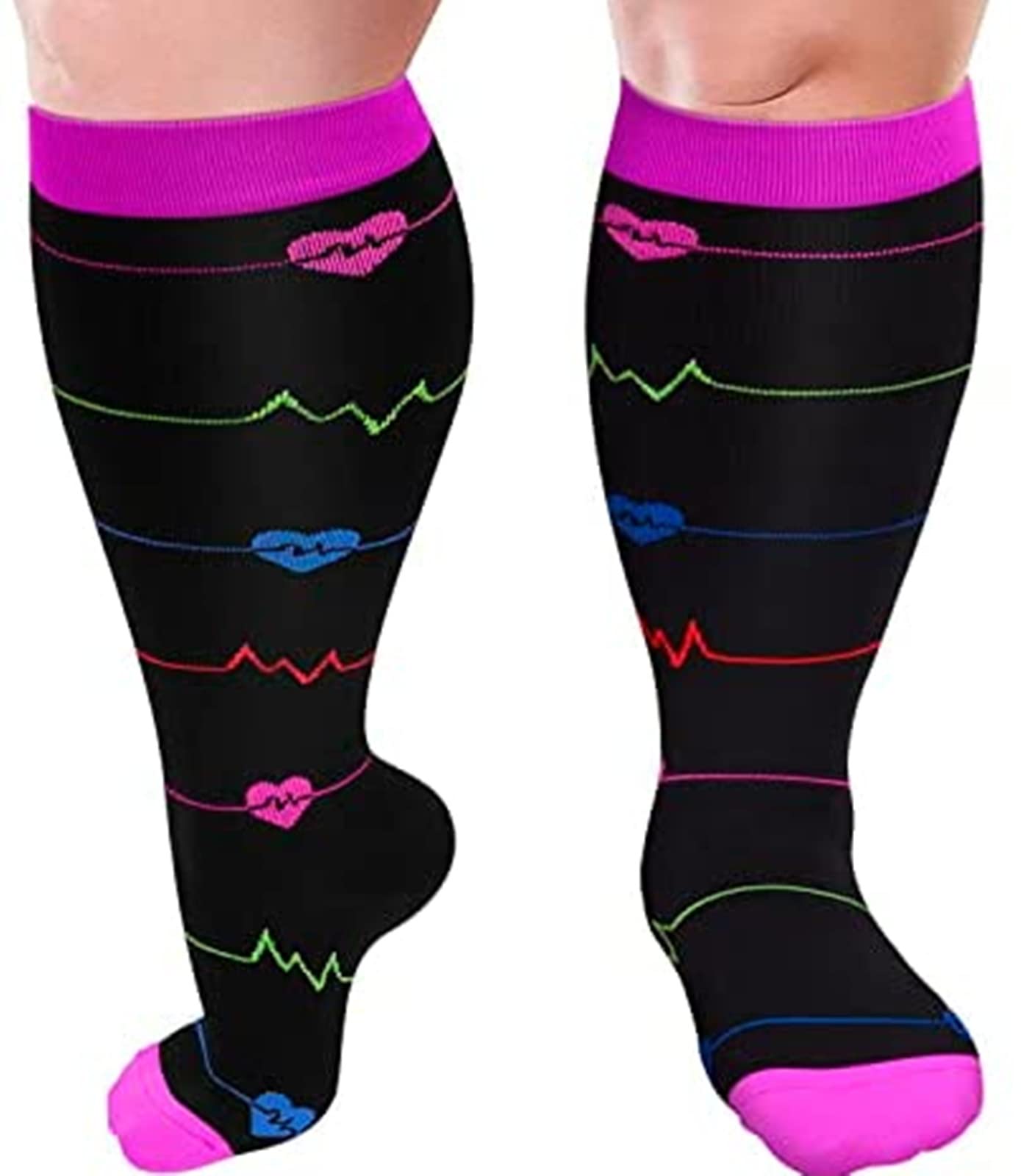 Cheeroyal 1 Pair Plus Size Compression Socks for Women and Men, 20-30mmhg Extra Large Wide Calf Knee High Stockings for Circulation Support (3XL, YS001-6)