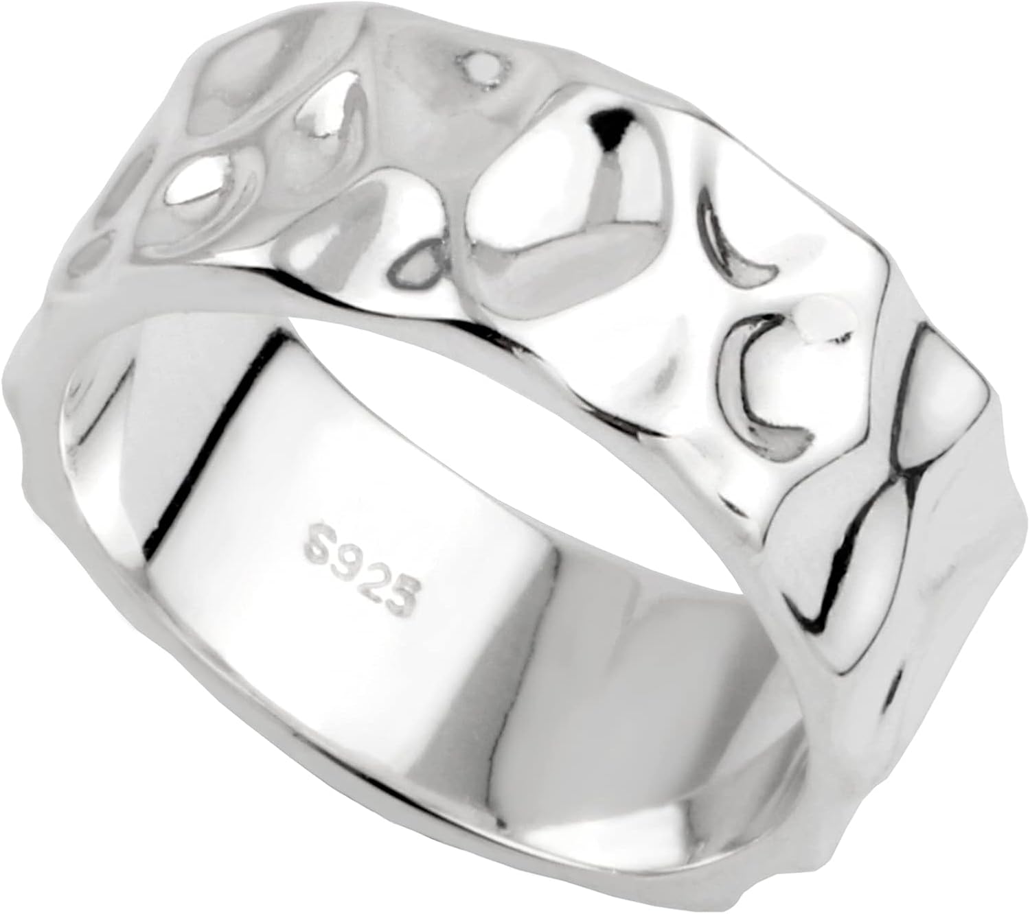 Kakikaki Sterling Silver Handmade Hammered Wide Ring Textured Statement Band Rings for Women: Clothing