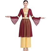 IBAKOM Praise Dance Dress for Women Long Dance Overlay and Tunic Gold Baggy Pant Lyrical Worship Liturgical Dancewear Worship