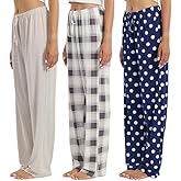 OAKVON 3-Pack Women’s Pajama Pants - Elastic Waist Drawstring Wide Leg Sleepwear Bottoms