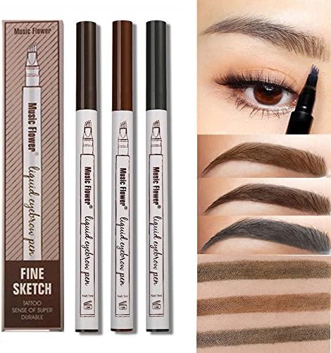 3PCS Tattoo Eyebrow Pen with Four Tips Long-lasting Waterproof Liquid Eyebrow Pencil for Eyes Makeup (3Colors#1#2#3)