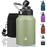 Konokyo Half Gallon Jug with Handle,64 oz Insulated Water Bottle with Carrying Pouch,Double Wall Vacuum Stainless Steel Metal Bottle,Camp Green