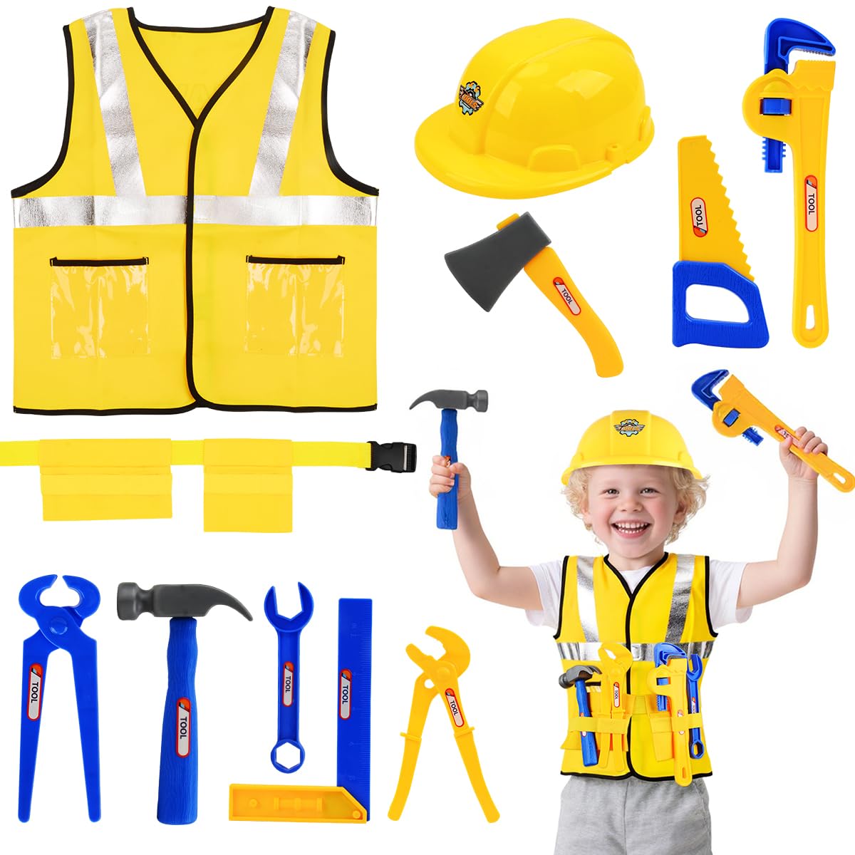 Photo 1 of Construction Worker Role Play Costume Dress-Up Set, Costume Kids Construction Tool Set Toddler Worker Boys Pretend Builder Career Outfit for Kids 3 4 5 6 7 Girls Boys, Halloween Role Play Toys