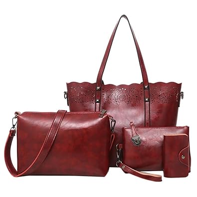 BESTVECH Wine Red Fashion 4pcs/Set Women PU Leather Handbag+Card Bag+Shoulder Bag+Clutch