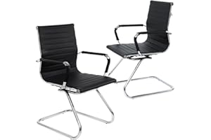 DM Furniture Reception Chairs No Wheels Leather Conference Chair Heavy Duty Back Support Office Guest Chair, Set of 2 (Black)