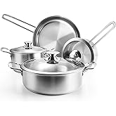 Stainless Steel Pots and Pans Set, 7-Piece Kitchen Cookware Sets with Glass Lids, Stay-Cool Handle, Oven Safe, Works with Induction/Electric and Gas Cooktops, Dishwasher