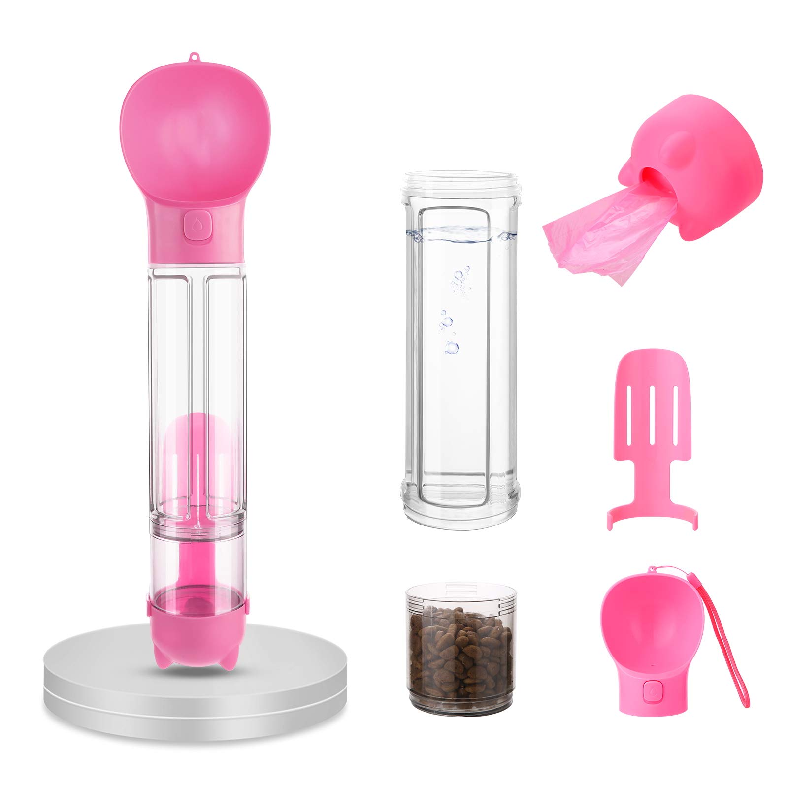 DaiWeier Portable Dog Water Bottle Upgrade 500ml Dog Travel Water Bottle with Dispenser Drinking Bowl with Garbage Shovel, Food Container and Plastic bag, 2-in-1 Dual Chamber Outdoor Portable(Pink)